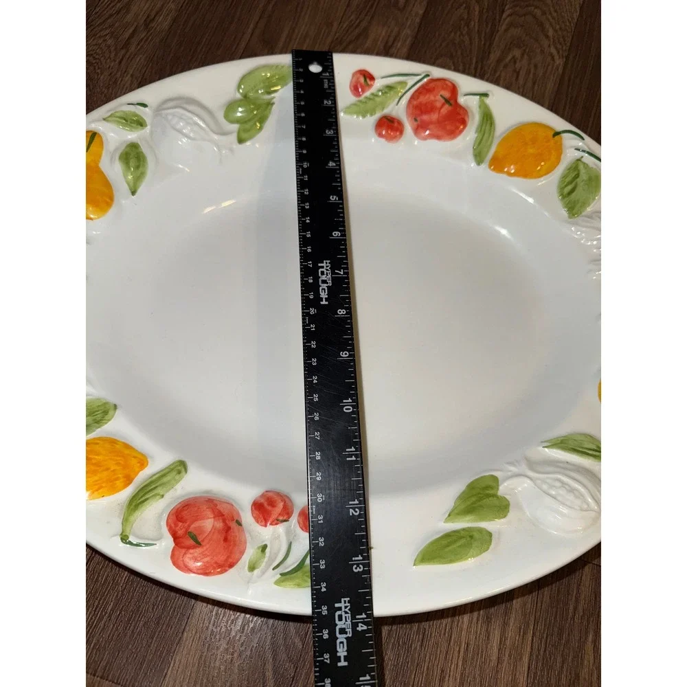 Antica Fornace Italy Embossed Fruit‎ Ceramic Oval Serving Platter White 18.5in